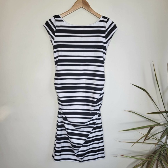 Soon Maternity Leo Cap Sleeve Black and White Stripe Maternity Dress - Picture 7 of 15